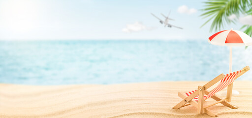 Summer relax frame. Sunny beach with sun lounger, sun umbrella, plane flying away and palm trees leaves. Summer Holidays vacation background. Tourism, vacation and holidays concept. Design Element.