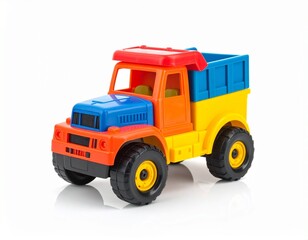 Colorful toy dump truck, with a blue cab, red roof, yellow chassis, and large black tires