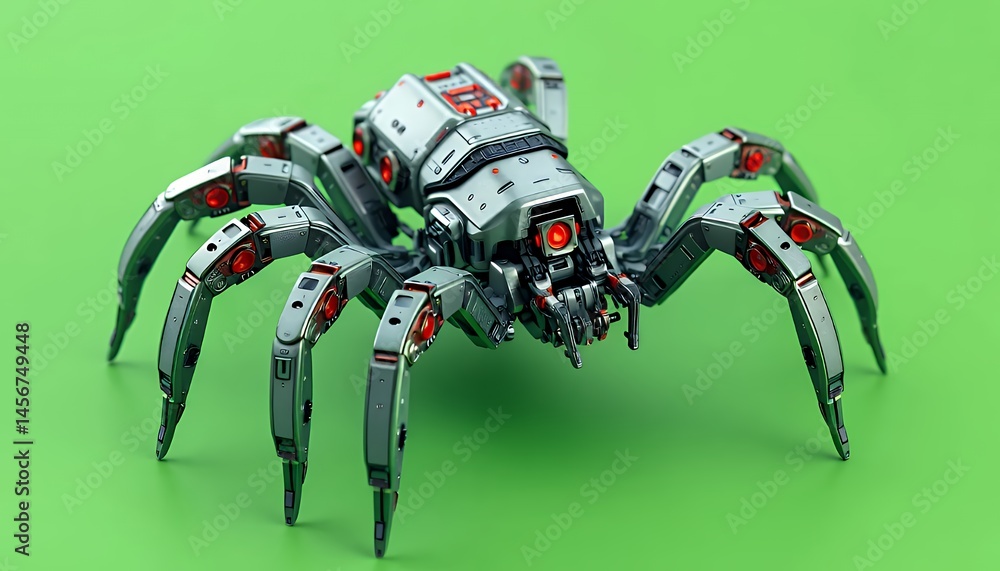 Poster detailed pixelated robot spider isometric 3d render isolated on green screen for visual effects and 