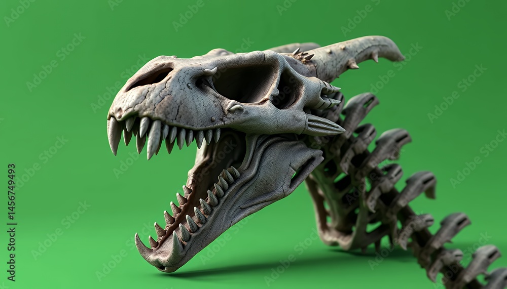 Poster isometric 3d dinosaur skeleton head isolated on green screen perfect for visual effects and game dev