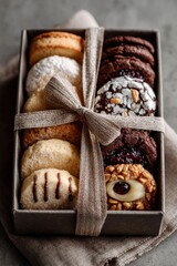 Fototapeta premium Assorted gourmet cookies in gift box tied with twine on rustic background, variety of flavors and textures