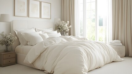 A bright, airy bedroom interior scene, featuring a pristine white bed.