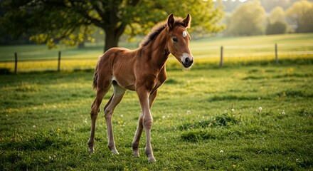 Fototapeta premium Foal walking in a green field