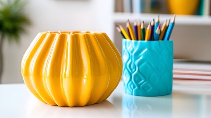 Colorful decorative containers on a white surface.
