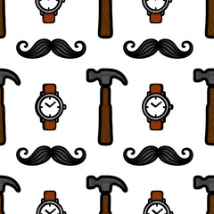A playful vector pattern featuring watches, hammers, and mustaches, ideal for a quirky design or fabric print.