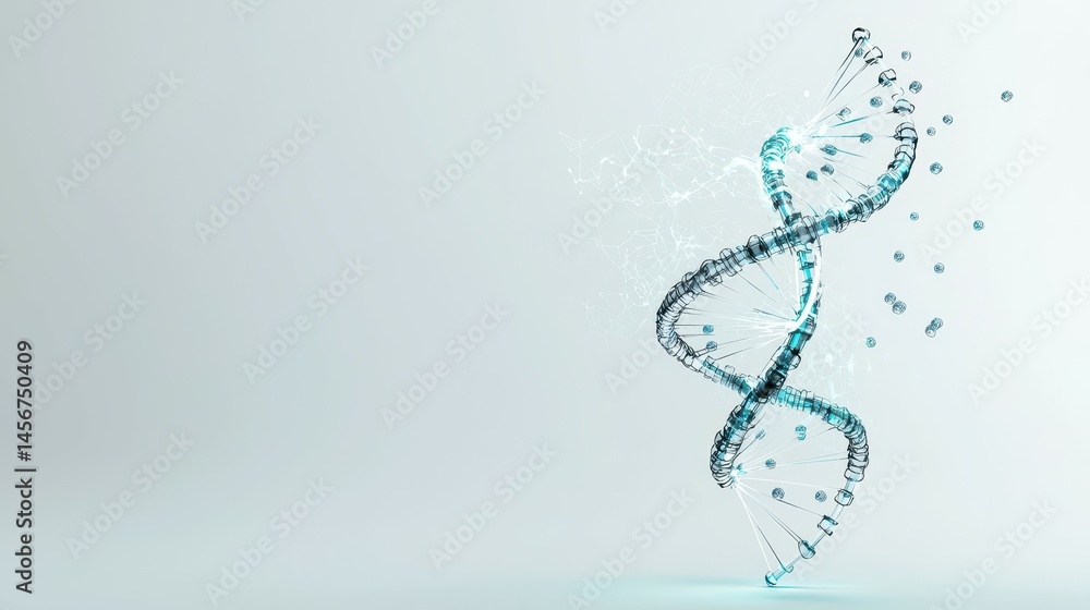 Poster abstract representation of a dna double helix structure with floating particles.