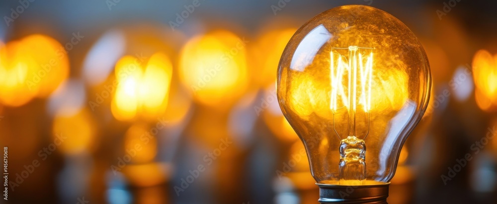 Poster a close-up of a vintage incandescent light bulb emitting a warm glow in a softly blurred background.