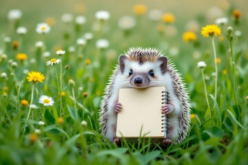 Cute hedgehog with notebook, curious expression, paws holding cream-colored notebook, surrounded by flowers in green meadow. Concept of hedgehog with notebook, whimsical animals scene.