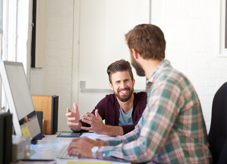 Smile, business and men on computer in office for research, planning and ideas as web designer with...