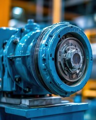 Fototapeta premium Industrial Gearbox Close Up in Blue Tones Machinery Component Detail in Factory Setting Engineering Equipment