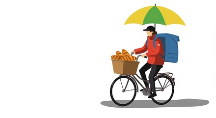 Bakery delivery person riding bicycle with bread against white background  