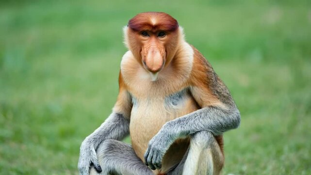 A proboscis monkey sitting on the grass looking to the side in a natural setting outdoors green screen video