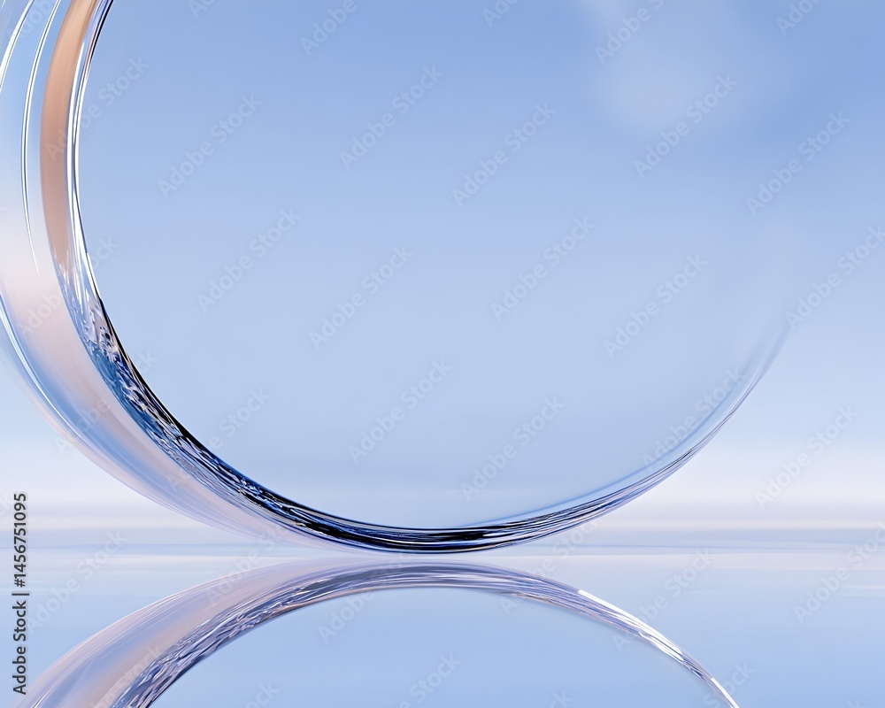 Poster a curved, transparent object rests on a reflective surface, casting a subtle reflection against a so