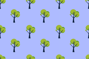 Beautiful natural seamless pattern of  tree with green foliage on  blue background. Environment, nature, landscape. Flat design. For wallpaper, textiles, packaging, background, website.