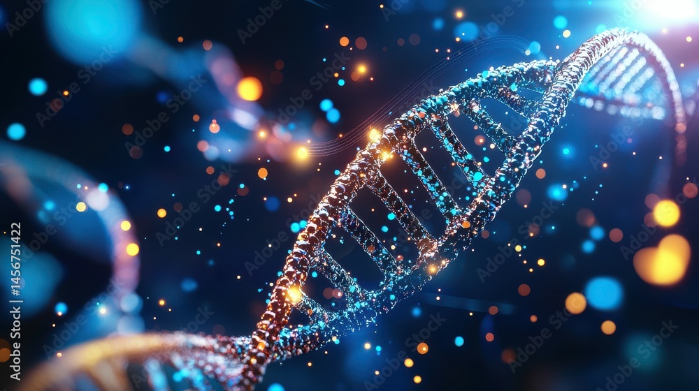 Poster abstract representation of dna structure with glowing particles and vibrant colors.