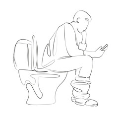 One continuous single drawing line art flat doodle bathroom, man, toilet, sitting, reading, mobile, phone. Isolated image hand draw contour on a white background, hand drawn, not AI