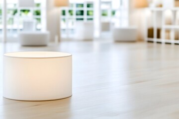 A minimalist white cylindrical lampshade sits on light wood floor,  brightly lit interior background blurred