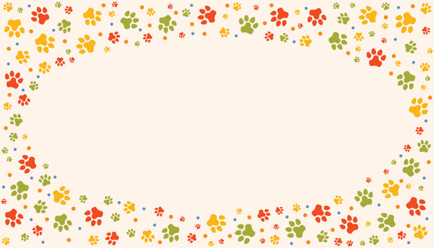 Oval pet paw print frame with blank space for text and images. Colorful silhouettes track of dog or cat paw prints ith dots. Frame with paw prints of pets for decoration of shop windows, websites, etc