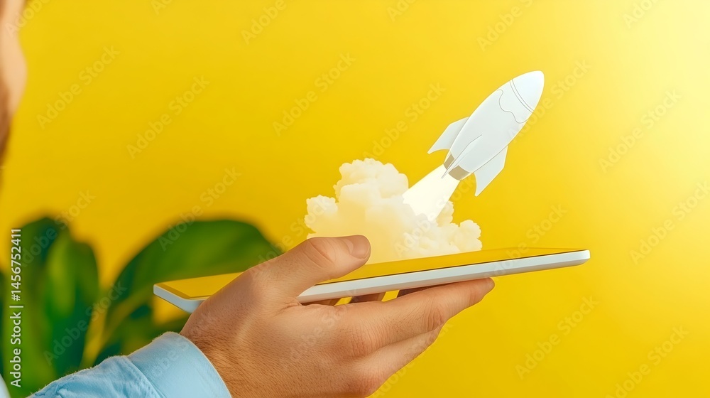 Poster a person holds a tablet displaying a rocket launching from a cloud, symbolizing a fast, successful s