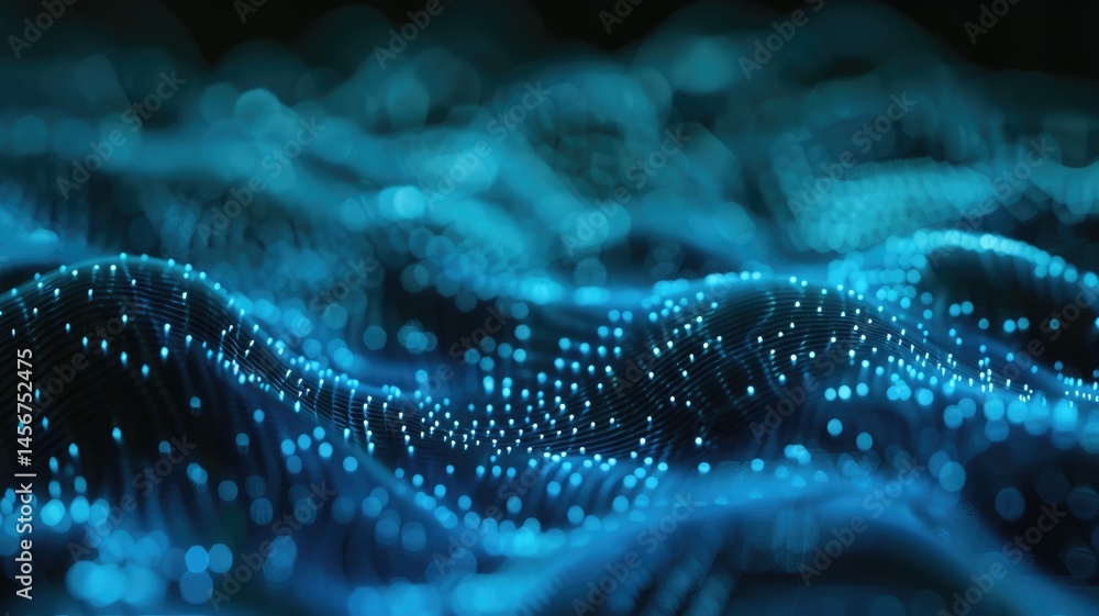 Poster Abstract picture micro light sparkling particle represent data flow vivid flowing wave with high tech background, create digital effect scene perfect for energetic and fantasy wallpaper design. AIG53.