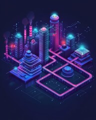 Isometric Neon Cityscape Illustration of Futuristic Urban Planning and Technology Infrastructure in a Digital Art Style