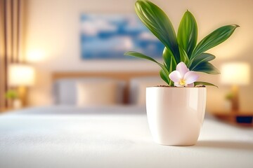 A small potted plant with a single light pink flower sits on a bedside table in a softly lit bedroom