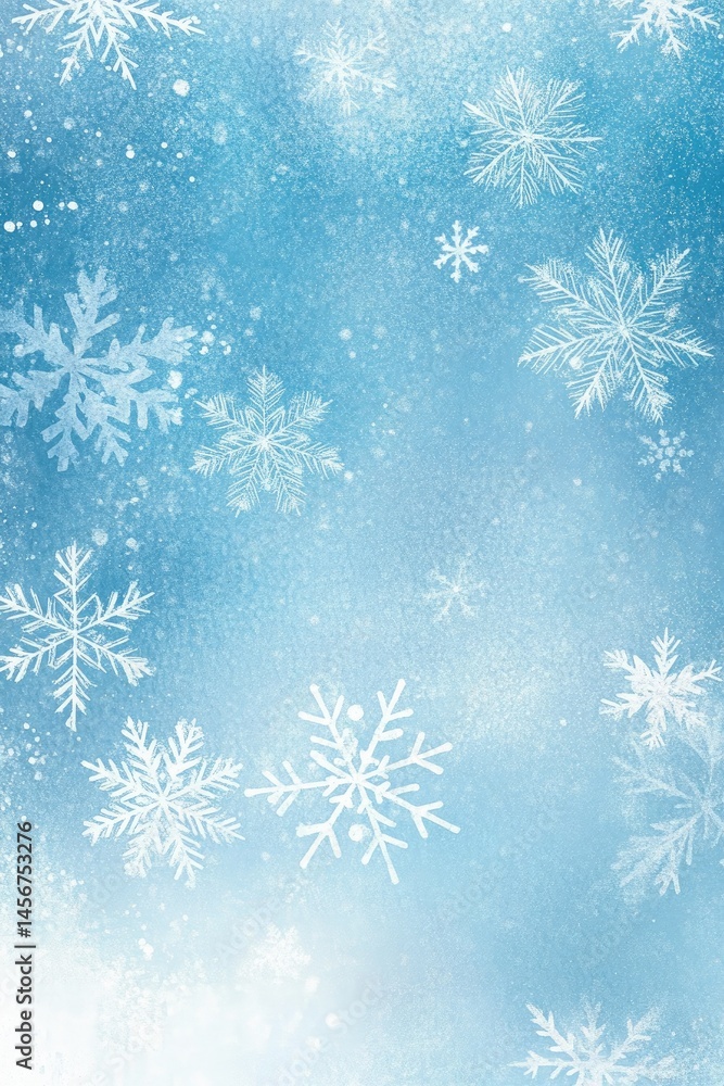 Poster blue gradient with snowflake pattern, winter background texture, white snowflakes