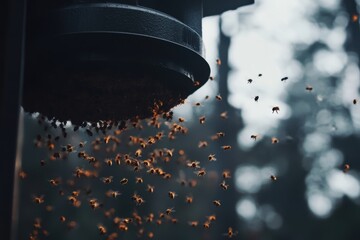 Bees Swarming a Hive Underside Close Up View Nature Outdoors Apis Mellifera Honey Production Dark Moody Lighting