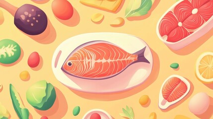 Artistic Food Still Life with Salmon and Vegetables in Warm Tones for Culinary Projects