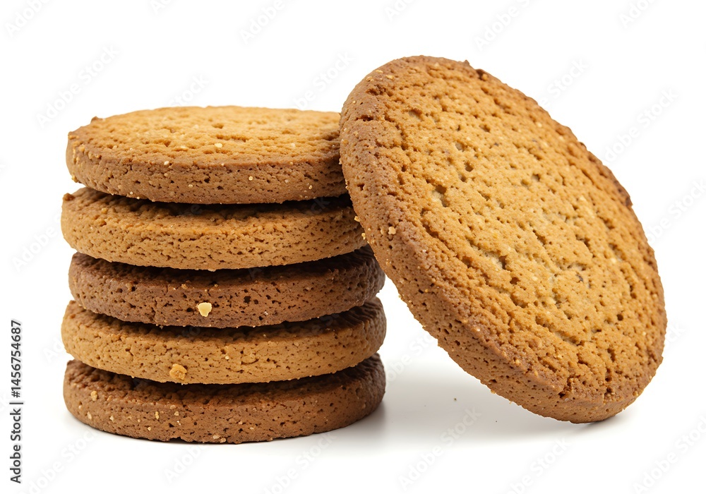 Poster a stack of five round cookies with one cookie leaning against the stack on a white background