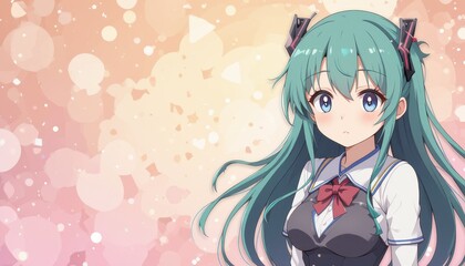 Anime Girl Teal Hair School Uniform Pastel Background