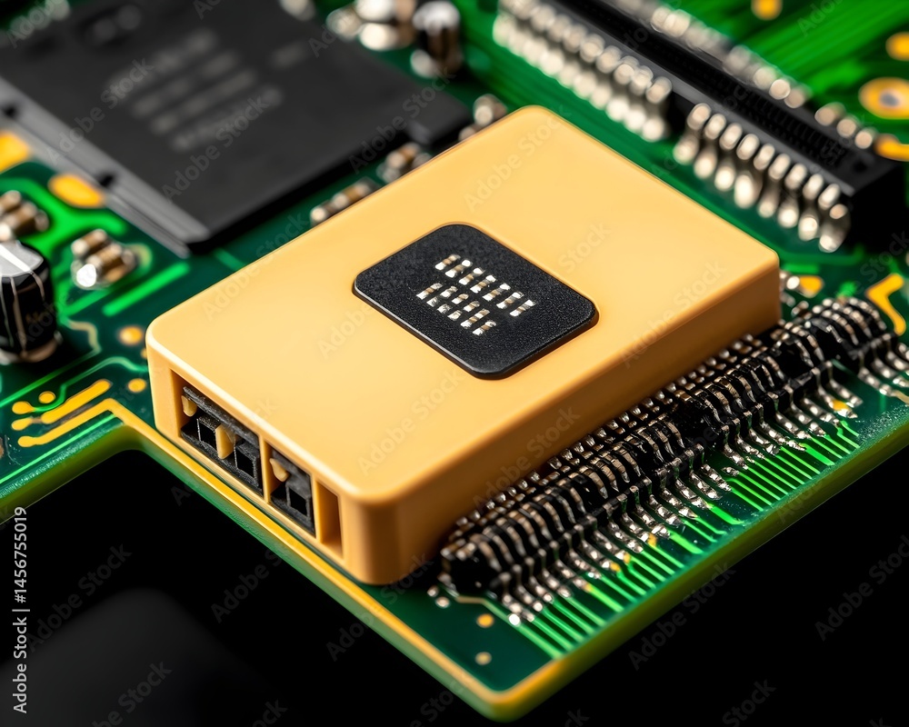 Poster close-up of a microchip mounted on a circuit board, showcasing intricate circuitry and connectors