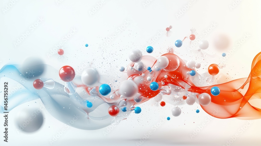 Aufkleber dynamic abstract composition with swirling red, blue, and white forms and floating spheres.
