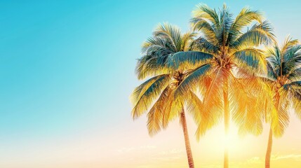 Palm trees against bright blue sky at sunset tropical paradise summer vacation travel destination sunny day low angle