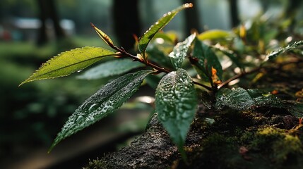 a close up of green leaves on a tree,photo stock
