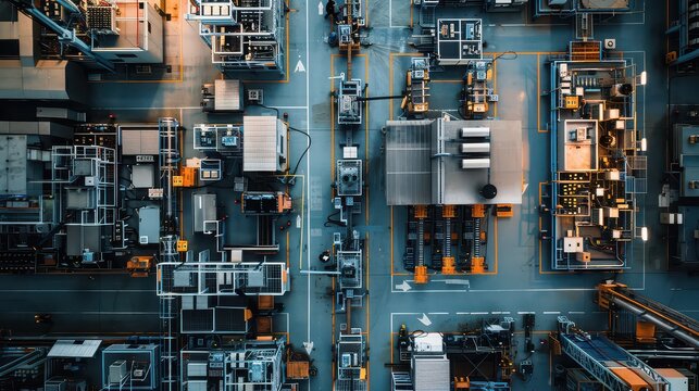 An overhead view of a factory floor filled with large machines and workers assembling electronic devices.