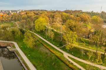 Drone view of Gradowa Mountain in Gdańsk. Spring morning.