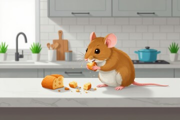 Cute house mouse, animals sitting on kitchen counter, eating cheese, holding bread. Concept of playful house mouse in bright, airy kitchen with modern design and natural light.