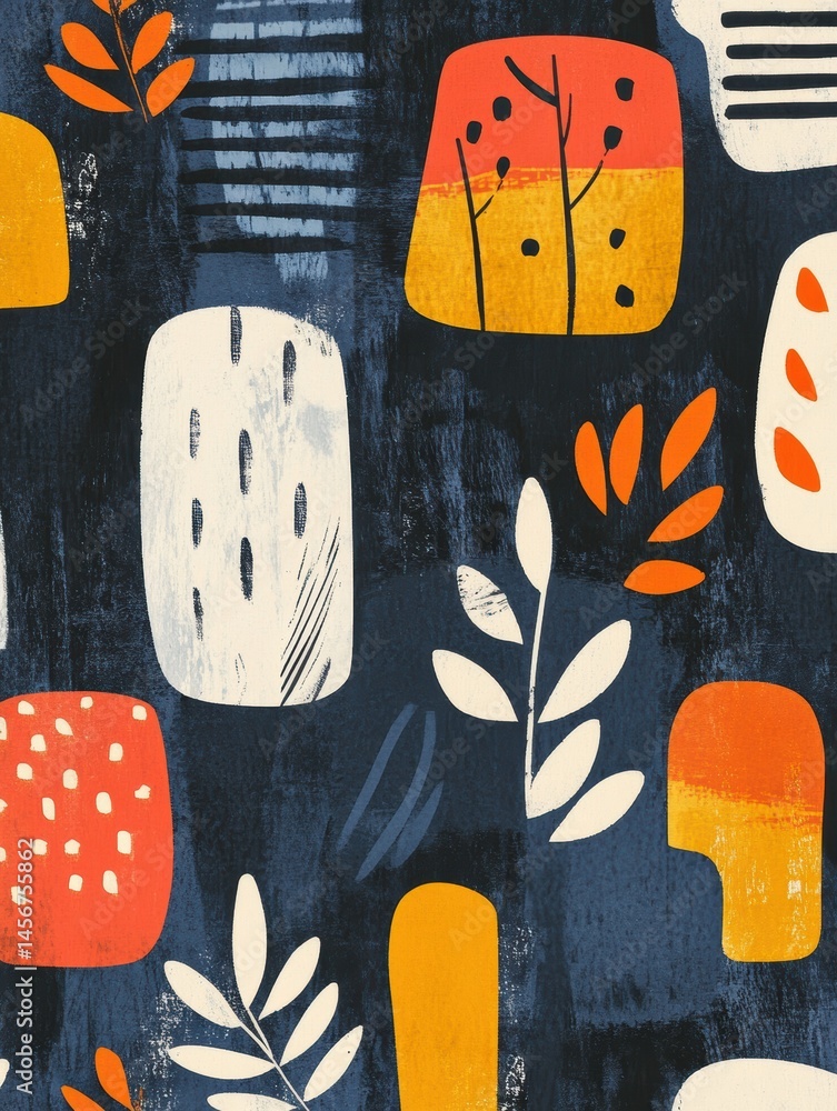 Poster artistic composition of abstract shapes and botanical elements on a textured dark background