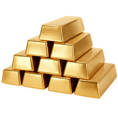 Gold bar, gold ingot,3d render depicts a golden stack of wealth, featuring isolated gold bars as a symbol of business, finance, and investment on a white or transparent background.
