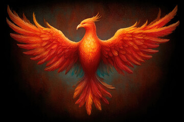 Vibrant phoenix with fiery wings soars majestically against dark background, symbolizing rebirth