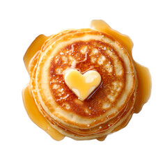 stack of American pancakes with maple sirup and heart shaped  butter flake on transparent background