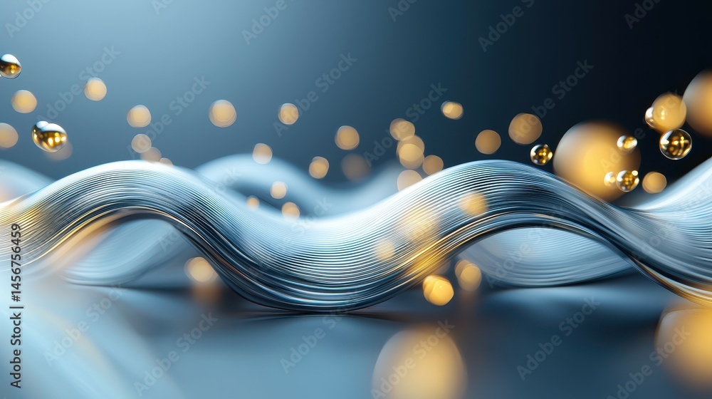 Poster abstract wavy lines with golden orbs creating a sense of flow and elegance.
