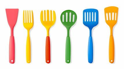 Kitchen Utensils Colorful Spatulas and Forks Isolated on White Background Culinary Tool Cooking Equipment Diverse Bright Vibrant