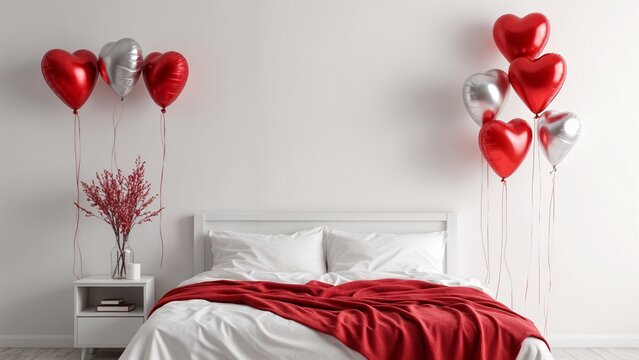 A white bed with a red blanket on top of it.