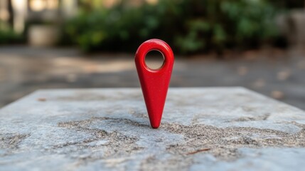 Red Location Pin on Concrete Surface Close-up Shot, Outdoors, GPS Navigation, Map Marker, Directional Signage, Travel Concept, Wayfinding