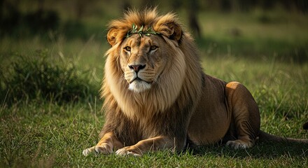Obraz premium Majestic lion resting in lush grassland 