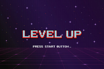LEVEL UP. pixel art .8-bit game. Retro Futurism Sci-Fi Background. glowing neon grid. and stars from vintage arcade computer games