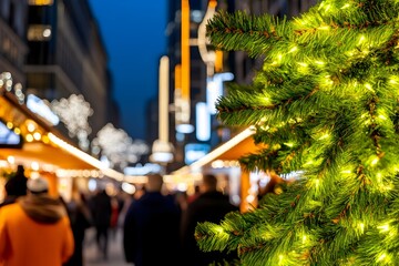 Obraz premium Illuminated Christmas tree at bustling night market. Blurred crowd and festive stalls in background