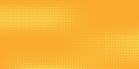 Yellow halftone pattern. Retro comic gradient background. Bright orange pixelated dotted texture overlay. Cartoon pop art faded gradient pattern. Vector backdrop for poster, banner, advertisement